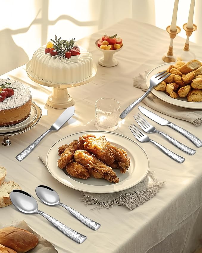 45-Piece Silverware Set with Serving Utensils, Ollex Durable Stainless Steel Hammered Flatware Set for 8 with Knives Forks Spoons Large Serving utensil Set for Home Restaurant, Dishwasher Safe