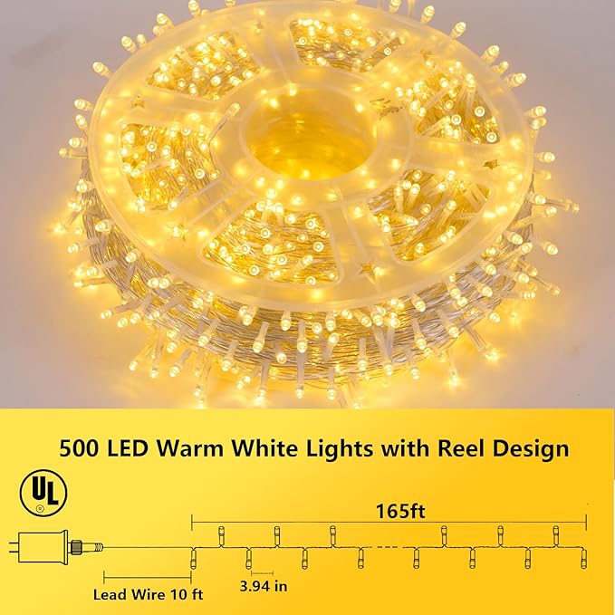 YEGUO 165ft 500 LED String Lights Outdoor Waterproof, Clear Wire Christmas Lights Indoor Plug in, 8 Modes Fairy Light for Party Wedding Classroom Tree(Warm White)