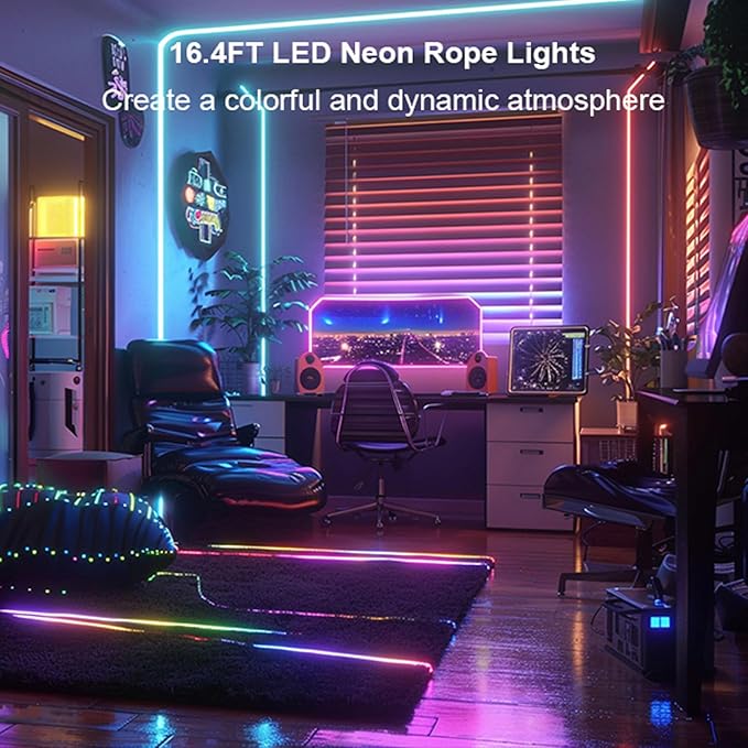 16.4Ft Neon Rope Lights, RGB+IC Color Chasing Meteor Rope Lights for Wall, Flexible Neon Strip App Control, IP65 RGB Lighting Waterproof, Music Sync Gaming Led Strip for Bedroom Decor
