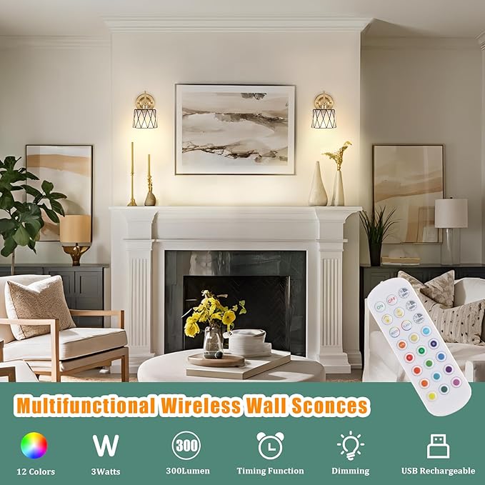 Vintage Battery Operated Wall Sconce Set of 2, 5000mAh Rechargeable Wall Lamp 12 RGB Colors Dimmable, Gold Lights Fixture for Bedroom Bathroom Living Room Hallway Clear Checker