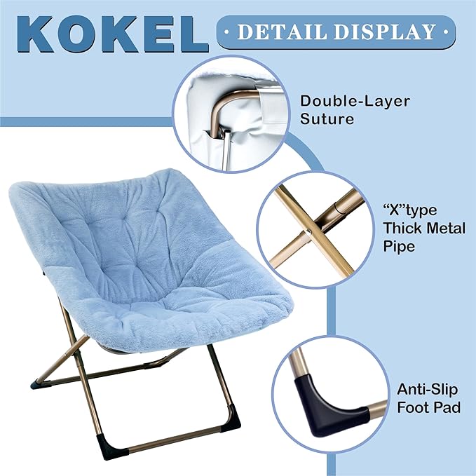 Kokel Plush Folding Chair and Ottoman Padded Metal Frame Living Room Chair (BLUE-TM19)