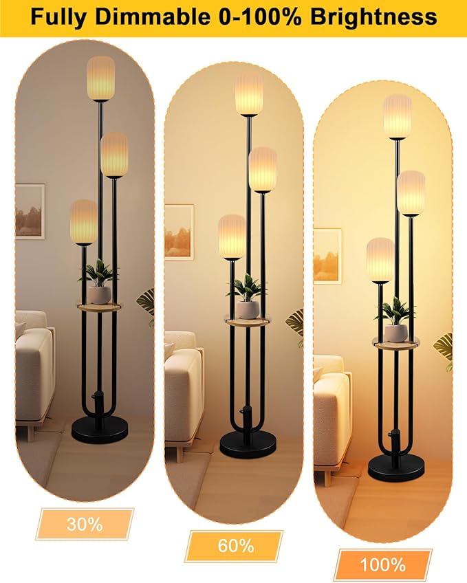 Lightdot Black Dimmable Floor Lamp with Shelf, Modern Floor Lamps with Oval Striped Lampshade 3000K Soft Warm White 3-Lights Candle Holder Style Tall Lamp for Living Room/Bedroom