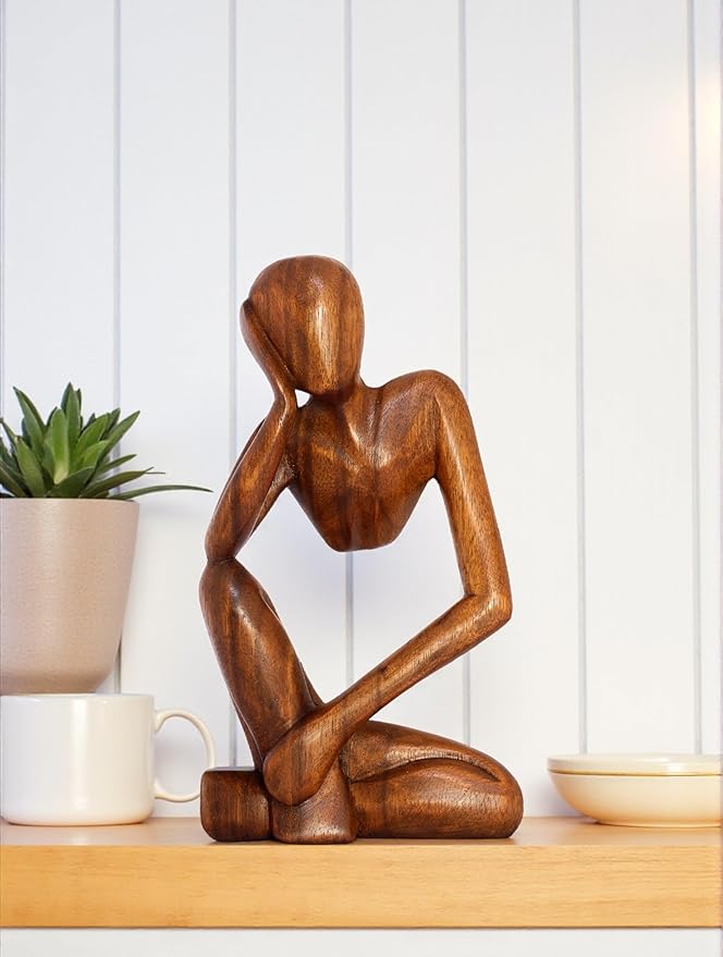 12" Wooden Abstract Thinker Statue, Hand Carved Thinking Man Figurine, Modern Minimalist Sculpture, Handmade Home Decor Accent Gift (Brown)