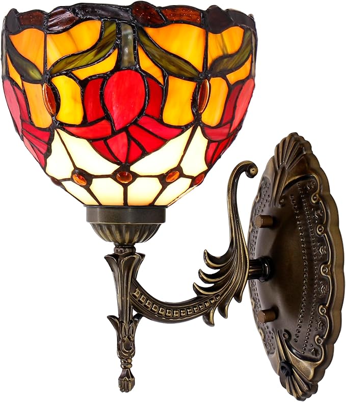 Tiffany Wall Sconce Lamp Blue Stained Glass Flower Style 8X10.5X11 Inch Plug in Wall Bedside Light for Hallway Bedroom (Tulips Style)