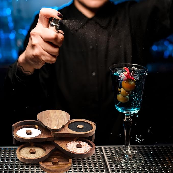 Mifoci Acacia 5 Tier Margarita Salt Rimmer Set Salt and Sugar Glass Rimmer Set with Lid and 5 Sponges Home Bar Accessories for Cocktails Drinks House Party Bartender Supplies