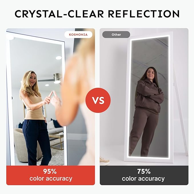 Kosmonia 58"x18" Full Length LED Mirror with Lights, 3 Color Modes & Dimmable Brightness, Wall Mount/Standing/Lean-On Floor Mirror for Bedroom, Vanity, Dressing Room