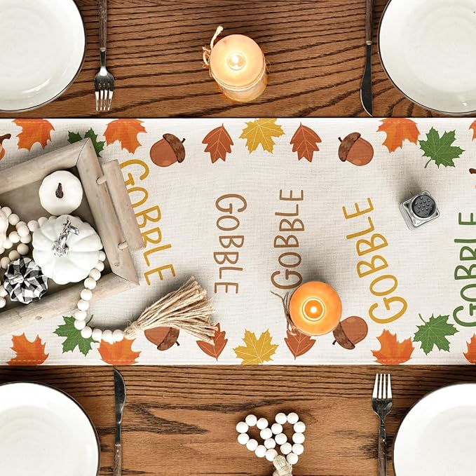 Artoid Mode Gobble Turkey Maple Leaves Thanksgiving Table Runner, Fall Autumn Harvest Kitchen Dining Table Decoration for Home Party Decor 13x120 Inch