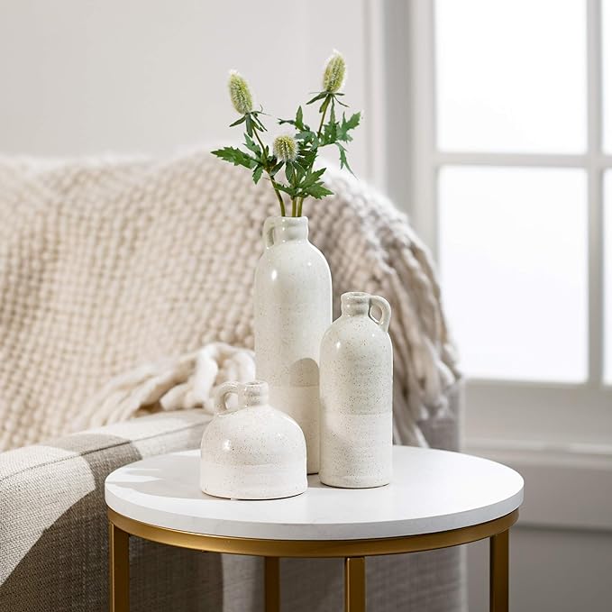 Sullivans Modern Farmhouse Distressed Two-Toned White Small Ceramic Jug Set of Three (3), 4, 7.5, 10” Tall, Crackled Finish Faux Floral Jugs, Distressed Decoration