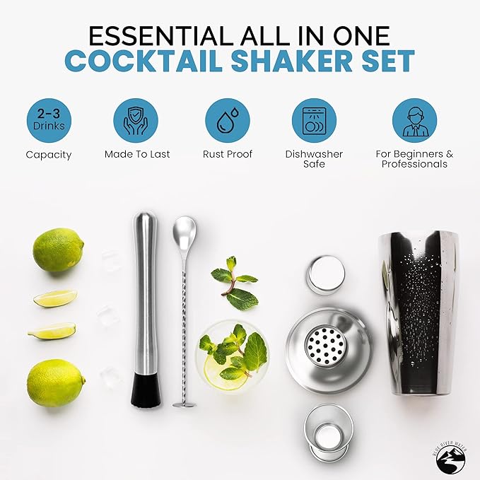 24oz Cocktail Shaker Set - Martini Shaker w Built-in Drink Shaker Strainer, Muddler, Jigger, Mixing Spoon, Recipe Book for Bartending - Bar Shaker/Alcohol Shaker