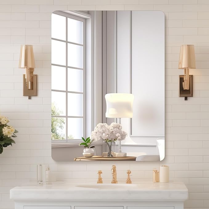 Mirrorons 18x24 Frameless Bathroom Mirror, Rounded Corner Bathroom Vanity Mirror, Modern Wall Mounted Vanity Mirror for Living Room, Bedroom, Entryway (Horizontal/Vertical)
