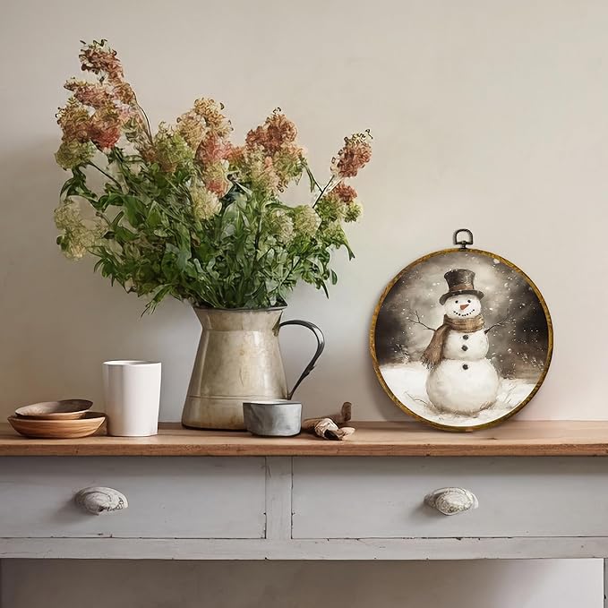 QZQE Vintage Winter Snowman Round Wall Art Decor Framed, Rustic Farmhouse Cottage Christmas Canvas Prints, Retro Xmas Cozy Winter Holiday Wall Hanging Decor for Home Bedroom Living Room, 10x10 Inch