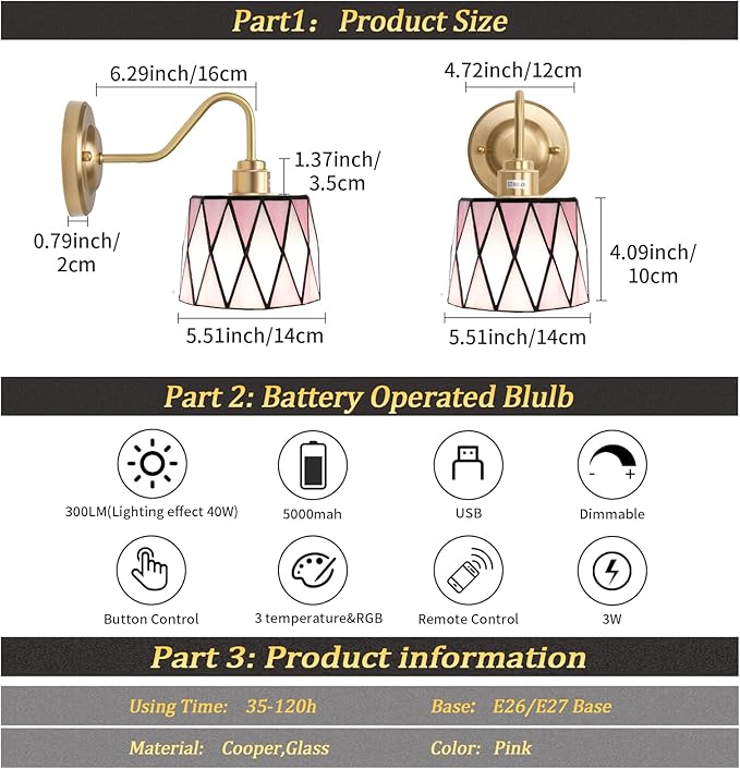 Vintage Battery Operated Wall Sconce Set of 2, 5000mAh Rechargeable Wall Lamp 12 RGB Colors Dimmable, Gold Lights Fixture for Bedroom Bathroom Living Room Hallway Pink Checker