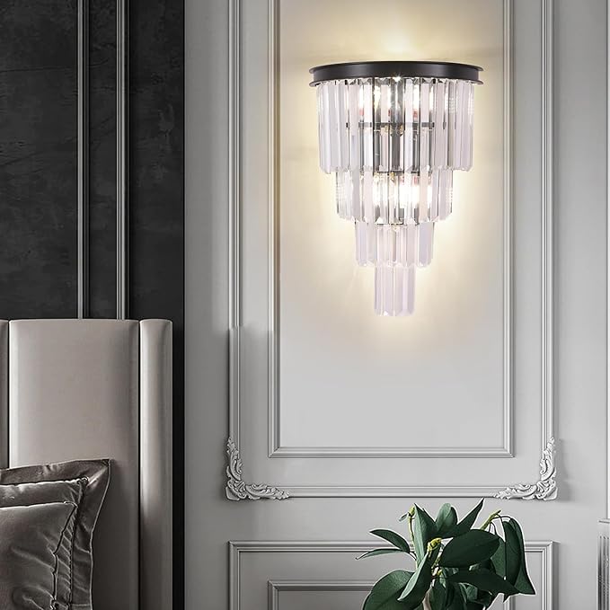 Black Crystal Wall Sconce, Modern 4-Tiers K9 Clear Crystal Wall Light Bedside Wall Mount Lamp for Living Room Bedroom Mirror Dining Room Hallway Foyer Lighting Fixture