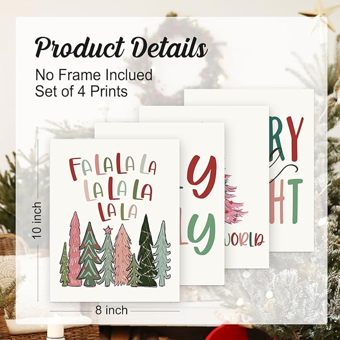 Wheatwin Pastel Christmas Decor, Funny Christmas Tree Wall Art Prints Set of 4, Trendy Decor Christmas Gifts for Bathroom Farmhouse Living Room Bedroom, 8x10 (Unframed)