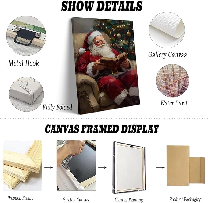 Framed Santa Reading Book Posters Christmas Canvas Print Wall Art Christmas Winter Wall Art Santa Claus Print Holiday Decor 24x36 framed