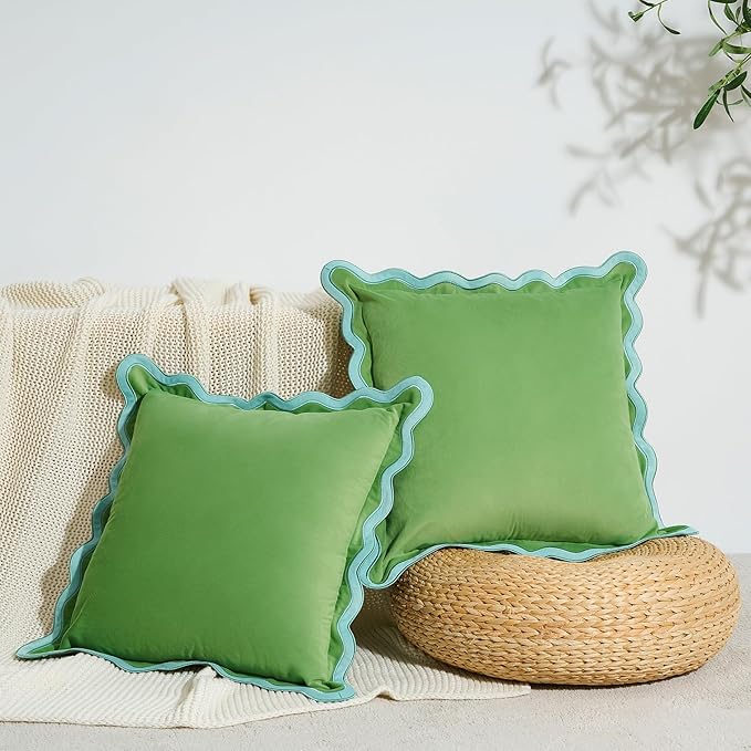 MONDAY MOOSE Decorative Throw Pillow Covers Cushion Cases, Set of 2 Soft Velvet Scalloped Wavy Edge Designs, Pillow Inserts Not Included (Light Blue/Light Green, 18x18 inch)