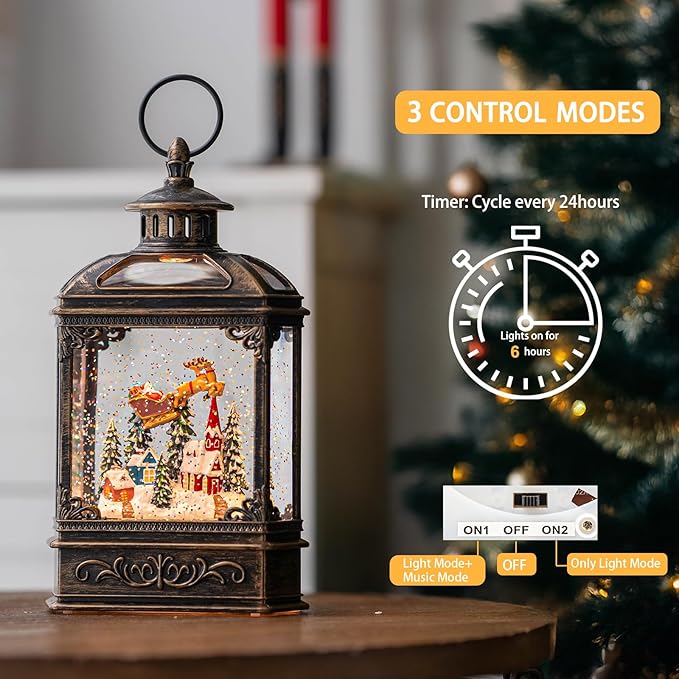 Christmas Snow Globe Lighted Church & Flying Santa Scene, Musical Snow Water Lantern Swirling Glittering Home Decoration and Gift, Battery Operated or USB Powered