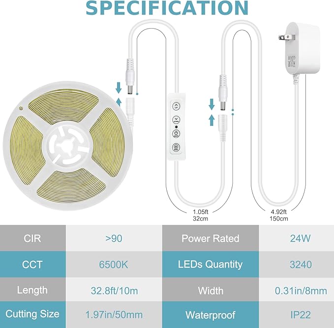 COB LED Strip Light, 32.8ft Dimmable 6500K Super Bright Daylight White 24V Flexible LED Tape Light with Remote, for Home, Kitchen, DIY Lighting