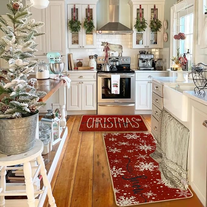 Snowflake Christmas Kitchen Mats Set of 2, Red Merry Christmas Let It Snow Winter Holiday Home Decor Kitchen Rugs for Floor 17x29 and 17x47 Inch