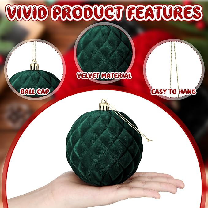 4 Pcs 4 Inch Large Velvet Christmas Ball Ornaments Vintage Christmas Plastic Ball Ornaments Flocked Tree Hanging Decoration for Xmas Party Wedding Home Decor(Brown Green White)