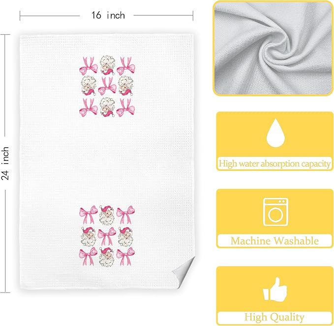 Coquette Pink Santa Christmas Decorative Hand Towels for Bathroom, Santa Christmas Kitchen Towels Dish Towels for Kitchen Kitchen Bathroom Decor, 16x24 Inch