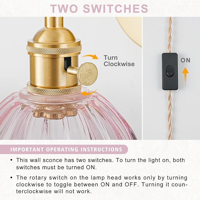 Plug in Wall Sconce, Vintage Sconce Light with Tulip Pink Glass Lampshade, 180° Adjustable Wall Sconce with Switch and Plug in Wall Lamp Cord, Gold Wall Light for Bedroom Bedside