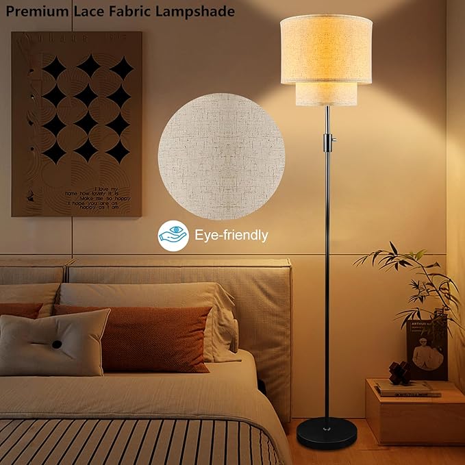 Lightdot 67IN LED Floor Lamp for Living Room, LED Standing Floor Lamps with Double Fabric Shade, E26 Bulb Included, Vintage Corner Lighting, Mid Century Floor Lamp for Bedroom Home Office-Gold