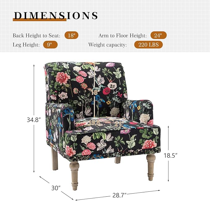 HULALA HOME Modern Armchair with Wooden Legs & Nailhead Trim, Comfy Upholstered Accent Chair for Living Room Bedroom (Floral Patterns, Black)