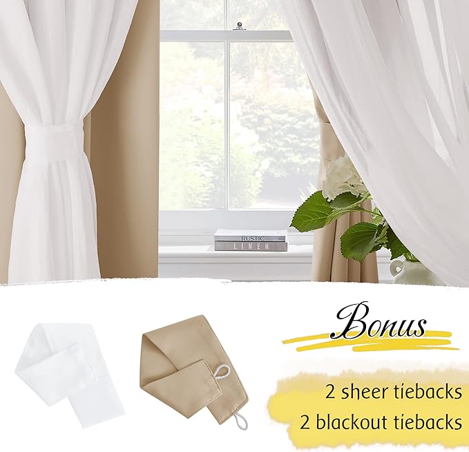 NICETOWN Curtains 84 inches Long - Farmhouse Curtains for Bedroom Living Room Decor Double Layer Grommet Blackout Soundproof Darpes with Crushed White Sheer, Biscotti Beige, 52W x 84L, 2 Panels