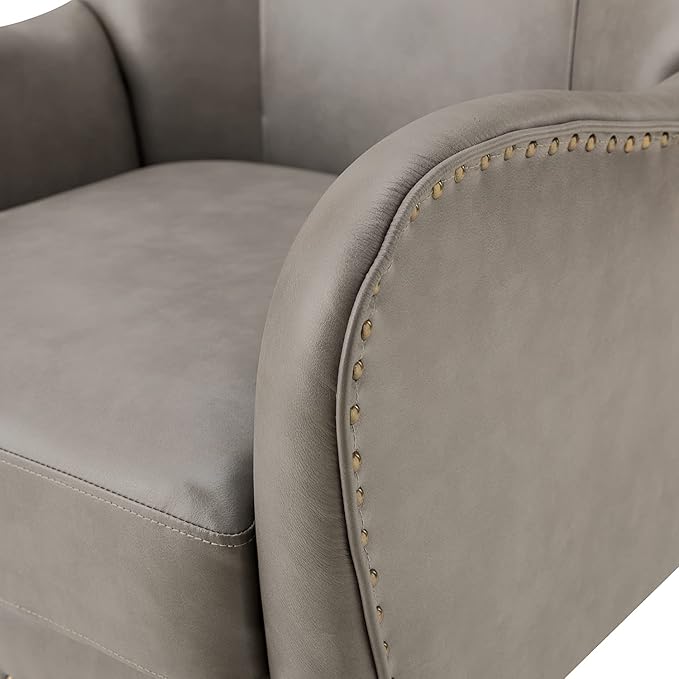 HULALA Home Faux Leather Accent Chair w/Removable Cushion, Comfy Upholstered Armchair with Black Metal Legs & Nailhead Trim Wingback Vanity Chair Desk Chair for Reading Living Room Bedroom, Grey