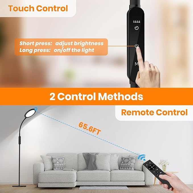 2-in-1 Floor Light Therapy Sun Lamp with Remote – Standing Daylight Lamp with 4 Brightness Levels, 4 Color Temperatures, Timers & Memory, Flexible Gooseneck for Home Office & Reading