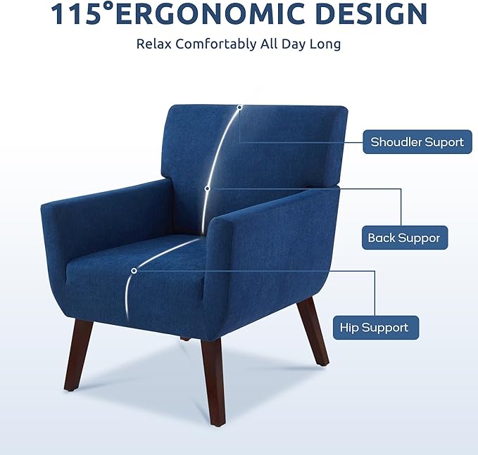 Upholstered Accent Chair,Mid Century Modern Office Fabric Small Living Room Chair with Arm,Comfy Wingback Armchair for Bedroom Reading Dark Blue
