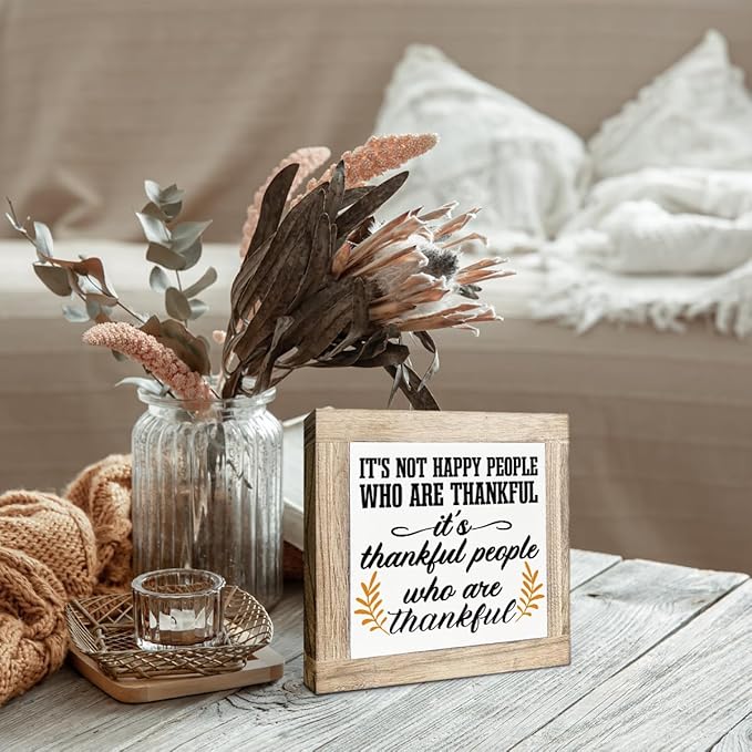Thanksgiving Wooden Box Signs, It's Thankful People Who Are Thankful Sign, Fall Decor for Home Office, Wooden Decorative Fall Sign, Thanksgiving Gift for Friends Family, 5.9X5.9X0.7inches