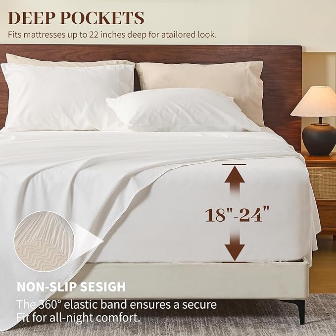 MEISHANG 100% French Pure Linen Sheets King Size - 6 PC Extra Deep Pocket Sheet Set, Soft Durable Flax Linen, Anti-Tear Breathable & Oeko-Tex Certified 18-24 Deep Pocket,All Season(White)