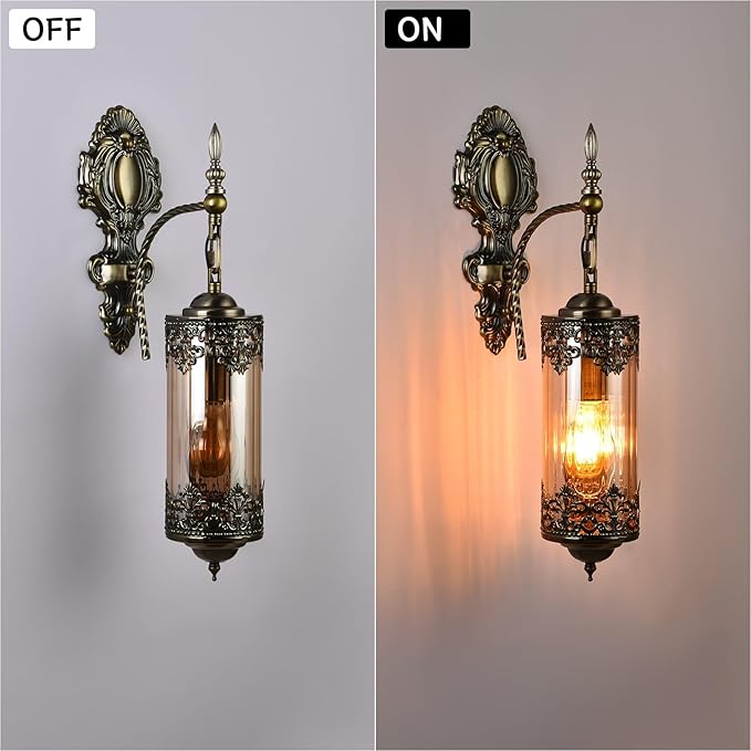 Rustic Wall Sconce with Amber Glass,Vintage Antique Gothic Wall Light Fixture E26 Mid Centry Lantern Bedside Sconces Wall Lighting for Living Room Bathroom Hallway Mirror