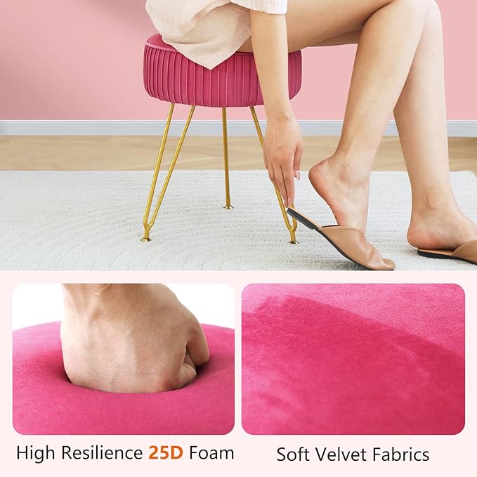 Velvet Vanity Stool Chair, Round Makeup Vanity Chair with Adjustable Metal Legs & Soft Padded Seat, Ottoman Foot Stool for Bedroom, Living Room, Entryway, Rose Red