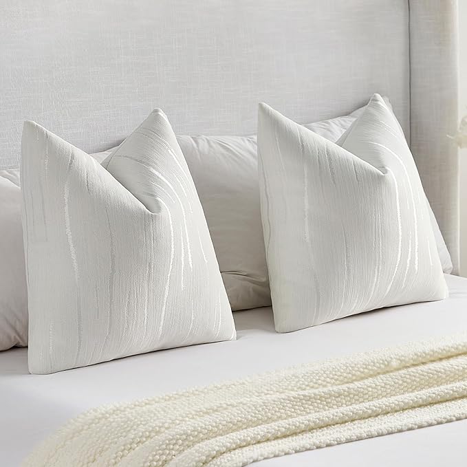 FUTEI White Chenille Decorative Throw Pillow Covers 24x24 Inch Set of 2,Soft Embossed Striped Textured European Cushion Case,Modern Home Decor for Couch Bed Living Room