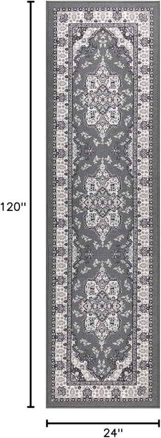 Antep Rugs Alfombras Oriental Traditional 2x10 Non-Skid (Non-Slip) Low Profile Pile Rubber Backing Indoor Runner Rugs (Gray, 2' x 10')