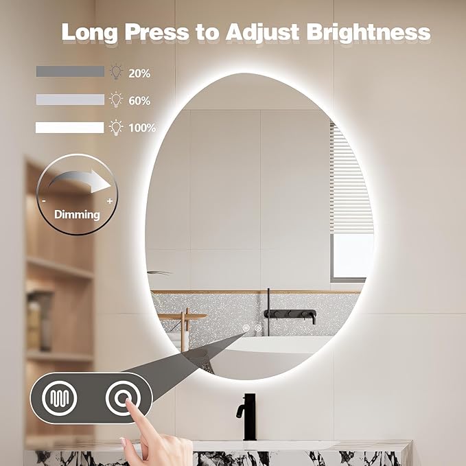 Niccy Irregular LED Bathroom Mirror, 30"x40" Asymmetrical Backlit Vanity Wall Mirrors, Frameless Lighted Mirrors for Bedroom, Living Room, Modern Smart-Mirror with Anti-Fog, Dimmable, Memory Function