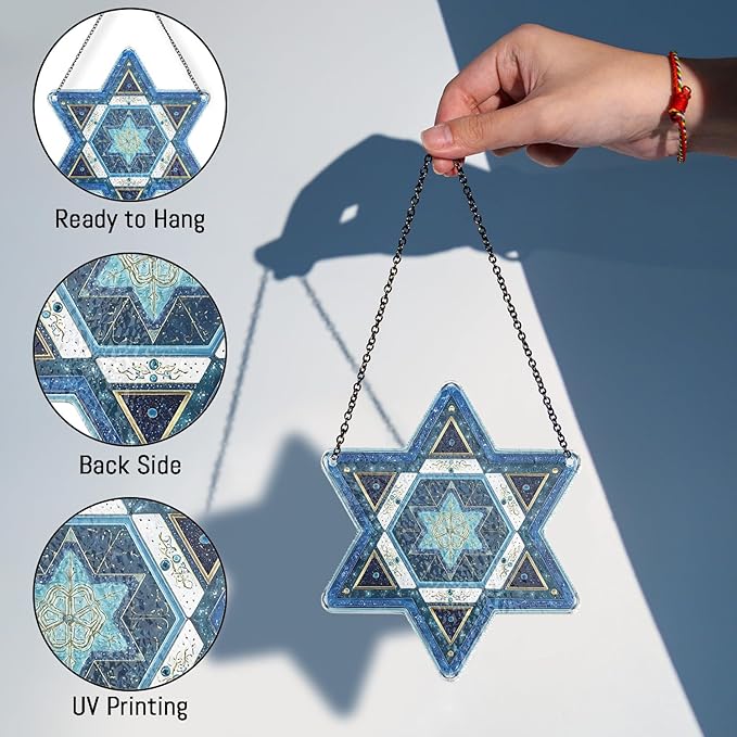 Star of David Suncatchers for Windows - Jewish Ornaments, Personalized Hanukkah Ornaments for Tree, Christmas Stained Glass Suncatcher, Hanukkah Gifts for Women Men