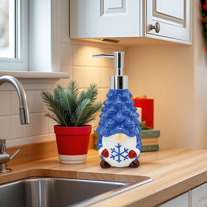 Hexagram Christmas Soap Dispenser, Christmas Kitchen Bathroom Decor, Xmas Blue Gnome Ceramic Soap Dispenser for Home Indoor Decorations, Xmas Refillable Lotion Essential Oil Dispensers with Pump