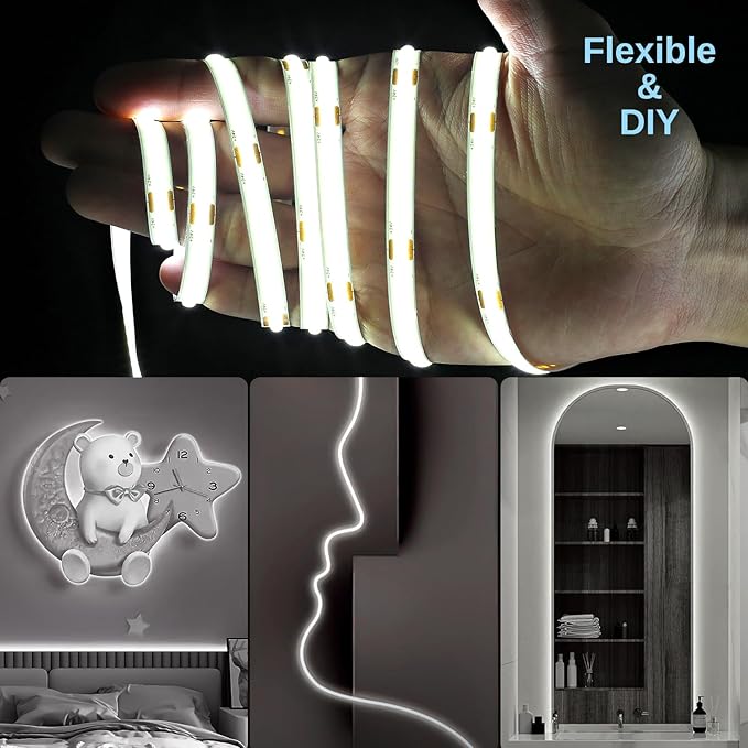 COB LED Strip Light with Remote, 65.6ft Dimmable 6500K Super Bright Daylight White Led Lights Strip, 24V Flexible LED Tape Light for Bedroom, Kitchen, DIY Lighting (2 Rolls of 32.8ft)
