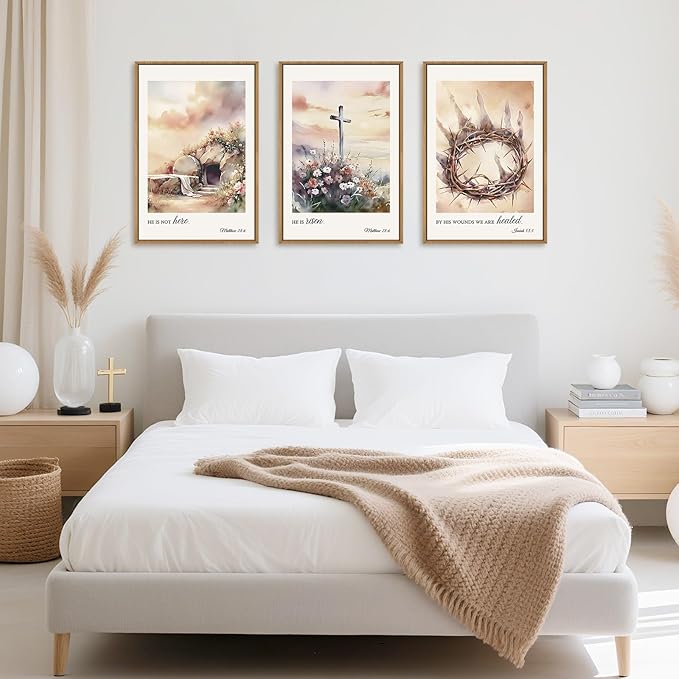 3 Pcs Christian Cross Framed Wall Art Set, Jesus Empty Tomb Canvas Decor, Christian Religious Bible Painting, Jesus Crucifixion Risen Easter Print for Living Room, Bedroom, Church 16X24inch