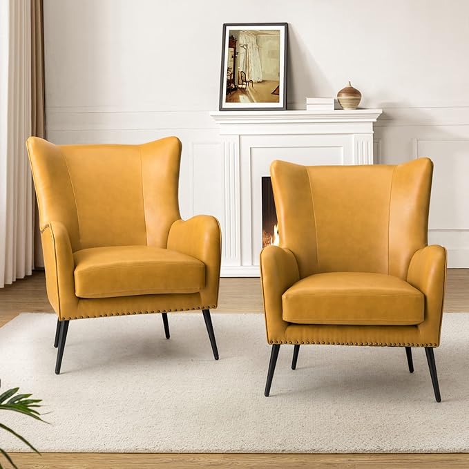 HULALA Home Faux Leather Accent Chair Set of 2 w/Removable Cushion, Comfy Upholstered Armchair with Metal Legs & Nailhead Trim Wingback Vanity Chair Desk Chair for Reading Living Room Bedroom, Yellow