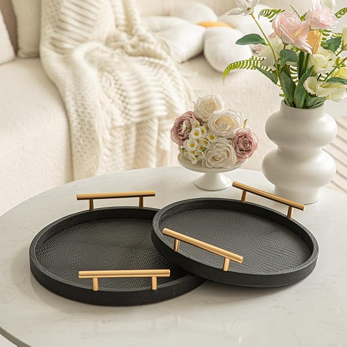 2 Piece Black Round Serving Tray with Handles, Woven-Texture Faux Leather Ottoman Tray for Living Room, Decorative Tray for Coffee Table Home Decor