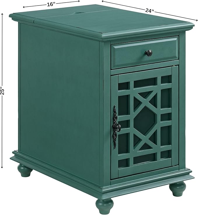 Martin Svensson Home Elegant Chairside End Table with Power, Antique Teal-Green