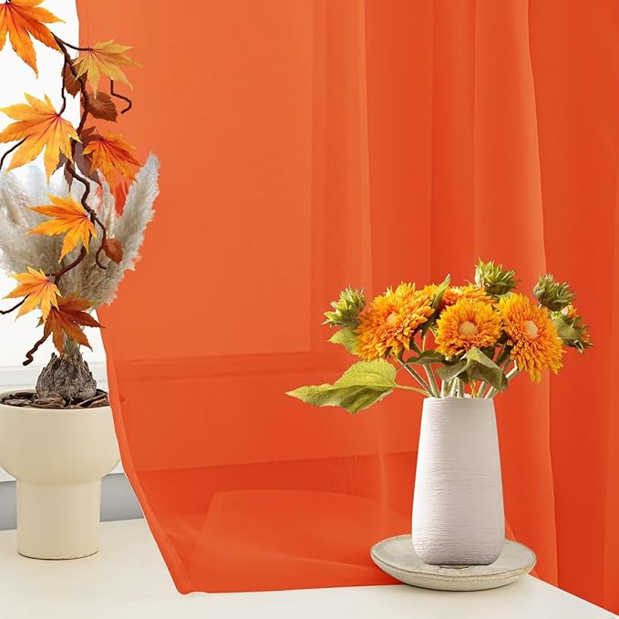 Sheer Curtains 45 Inches Long 2 Panels, Rod Pocket Short Curtain for Kitchen, Bedroom, Cafe Window(Burnt Orange 38" W x 45" L)