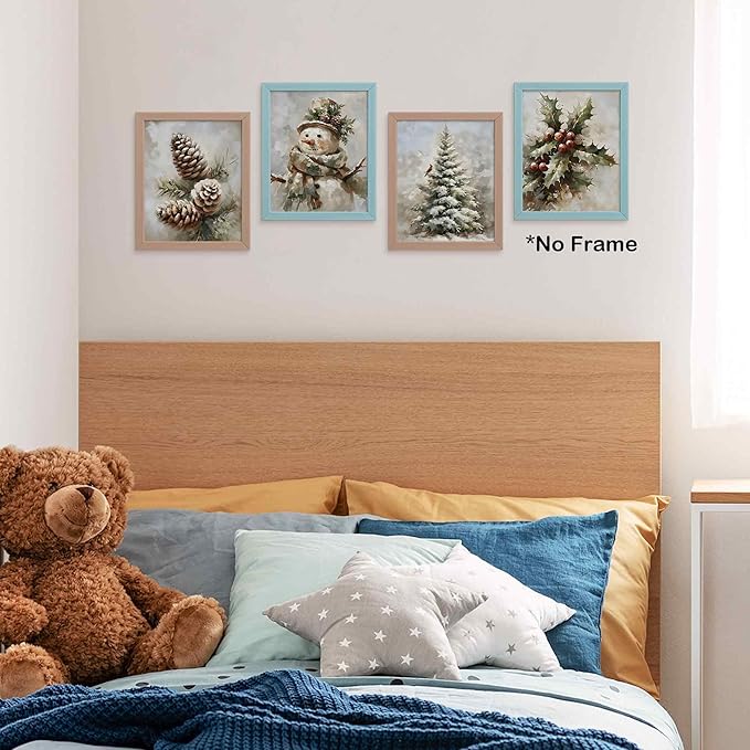 TLESKE Vintage Winter Christmas Posters Prints Unframed Set of 4, Pine Cones Snowman Cardinal Wall Art Prints Decor for Living Room Bedroom, Rustic Pine Tree Holly Berries Wall Pictures, 8x10 Inches