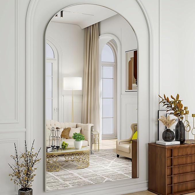 Oversized Full-Body Mirror, 77" x 38" Arched Full-Length Mirror, Silver Metal Frame, Floor Mirror for Bedroom, Living/Dressing Room, Gym - Stand/Wall Mounted/Leaning