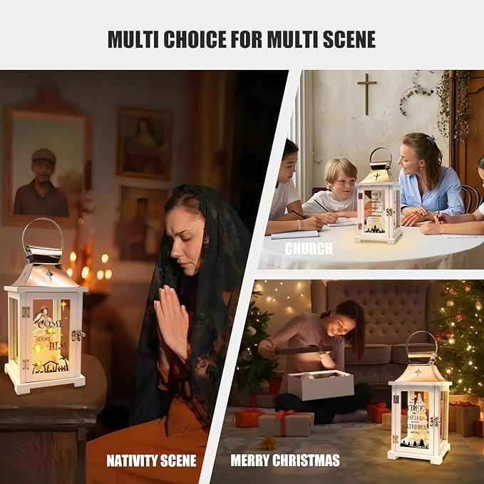 Christmas Candle Lanterns Decorative Indoor- Hanging Candle Lantern with Resin Christmas Nativity Figurine That Light up for Modern Farmhouse Decor, Xmas Lantern for Table Centerpieces, Home Décor
